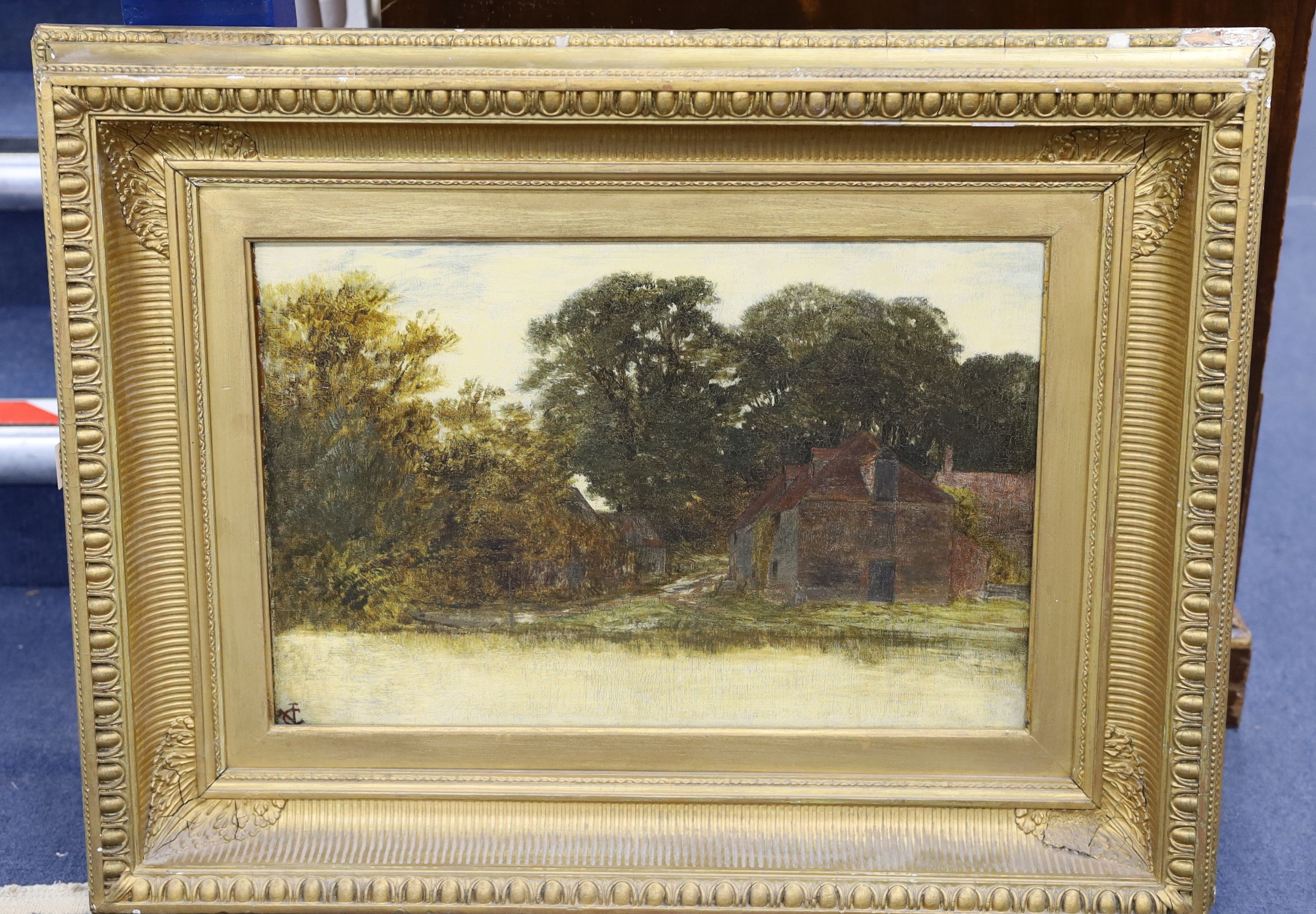 George Vicat Cole (1833-1893), oil on canvas, Riverside houses, monogrammed, 34 x 52cm